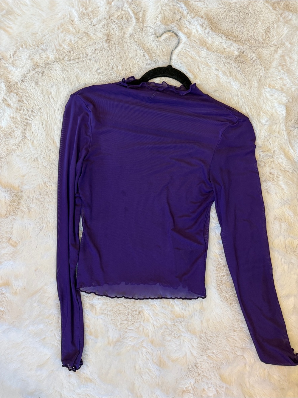 Sheer Purple Long-Sleeve Ruffle-Edge Mesh Top - Women